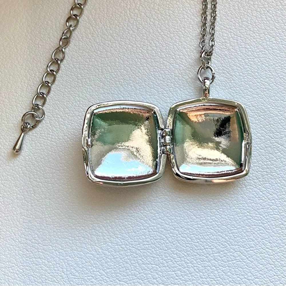 Silver Sunburst Locket Necklace with Turquoise Accent